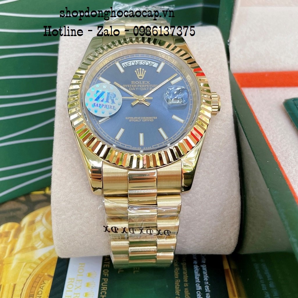 Đồng Hồ Nam Rolex Automatic 2 Lịch Viền Khía Vàng Blue 41mm