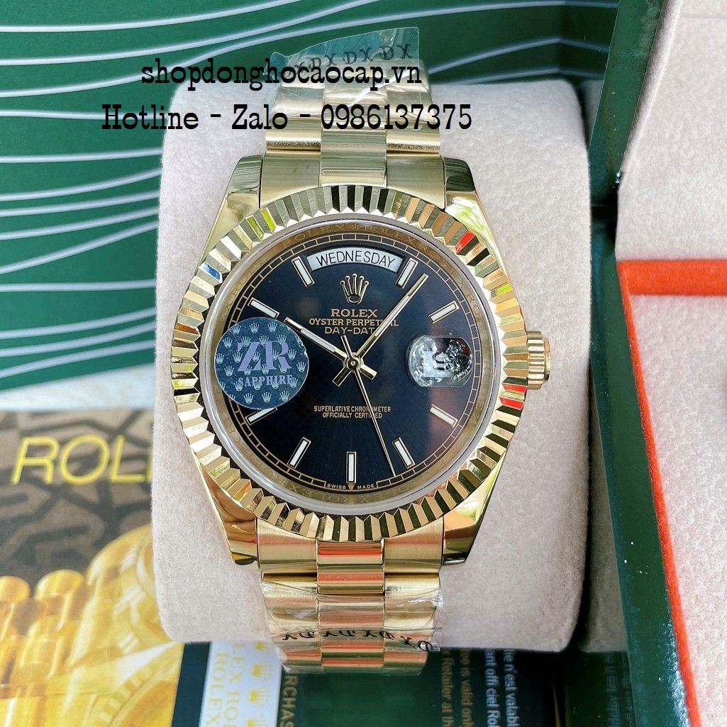 Đồng Hồ Nam Rolex Automatic 2 Lịch Viền Khía Vàng Đen 41mm