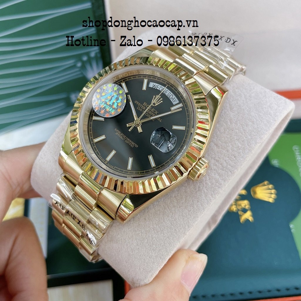 Đồng Hồ Nam Rolex Automatic 2 Lịch Viền Khía Vàng Đen 41mm