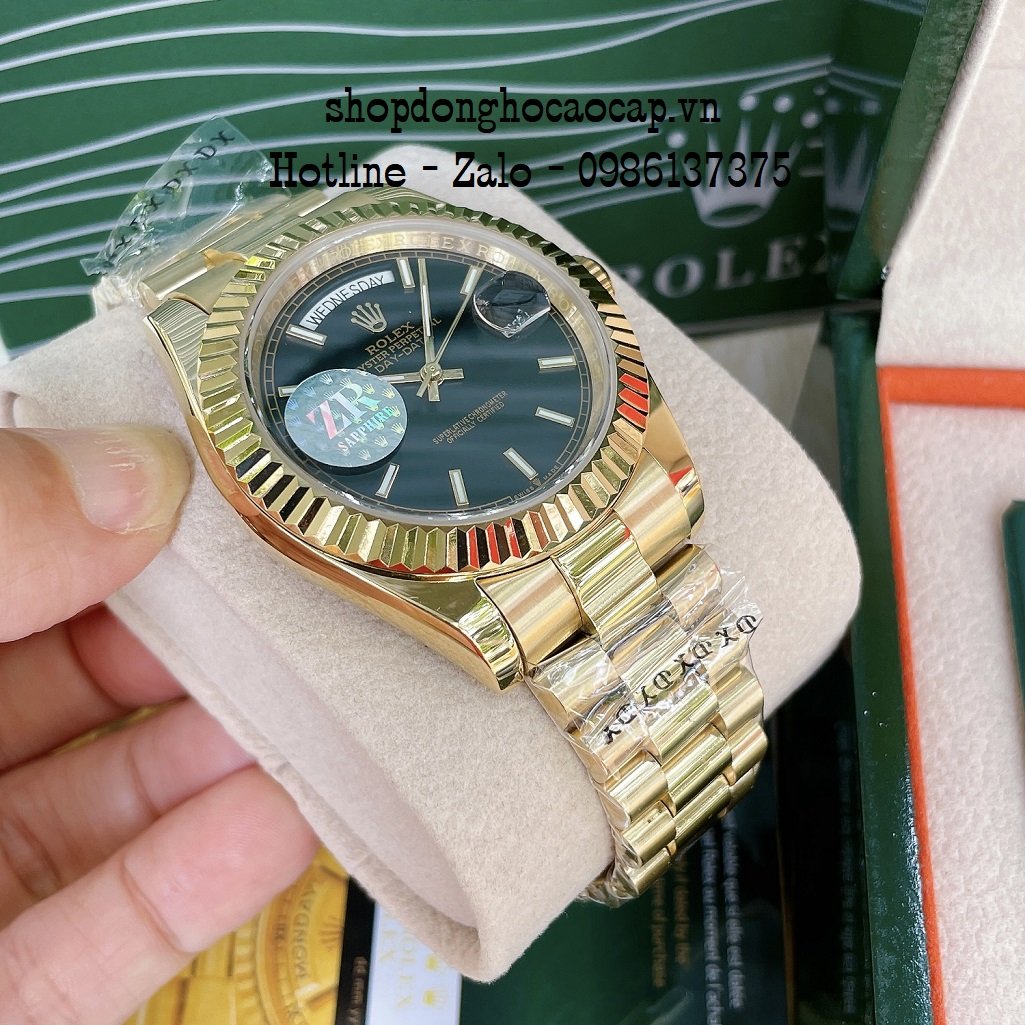 Đồng Hồ Nam Rolex Automatic 2 Lịch Viền Khía Vàng Đen 41mm