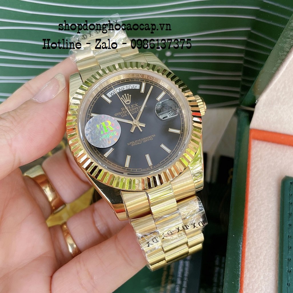 Đồng Hồ Nam Rolex Automatic 2 Lịch Viền Khía Vàng Đen 41mm