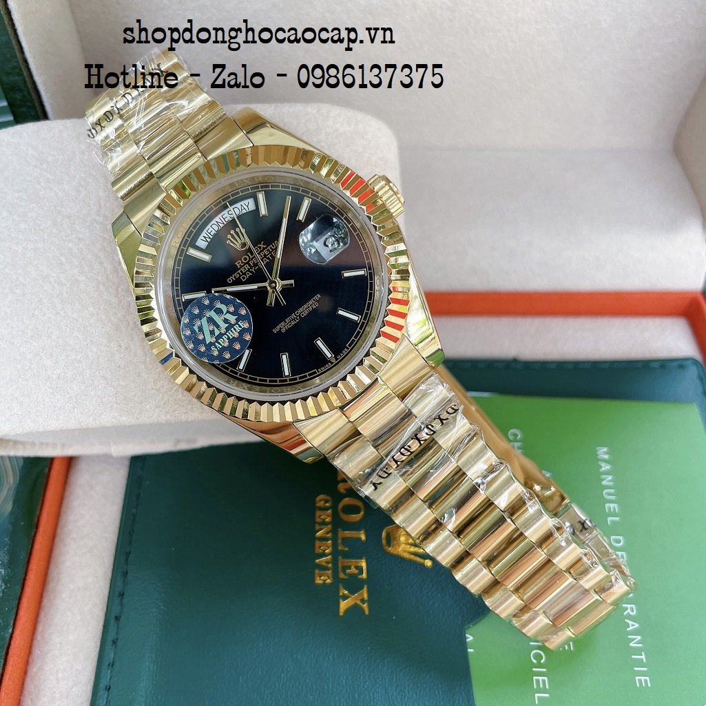 Đồng Hồ Nam Rolex Automatic 2 Lịch Viền Khía Vàng Đen 41mm