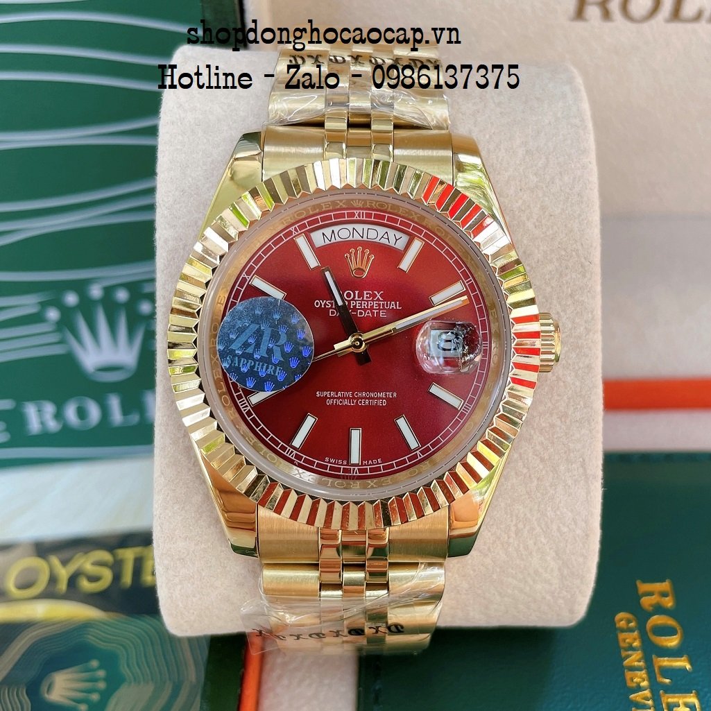 Đồng Hồ Nam Rolex Automatic 2 Lịch Viền Khía Vàng Đỏ 41mm