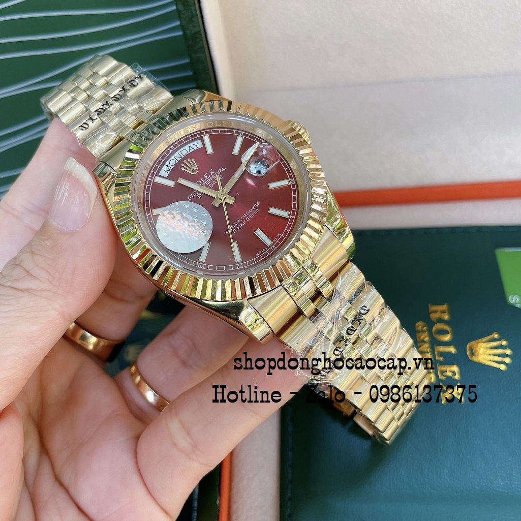 Đồng Hồ Nam Rolex Automatic 2 Lịch Viền Khía Vàng Đỏ 41mm