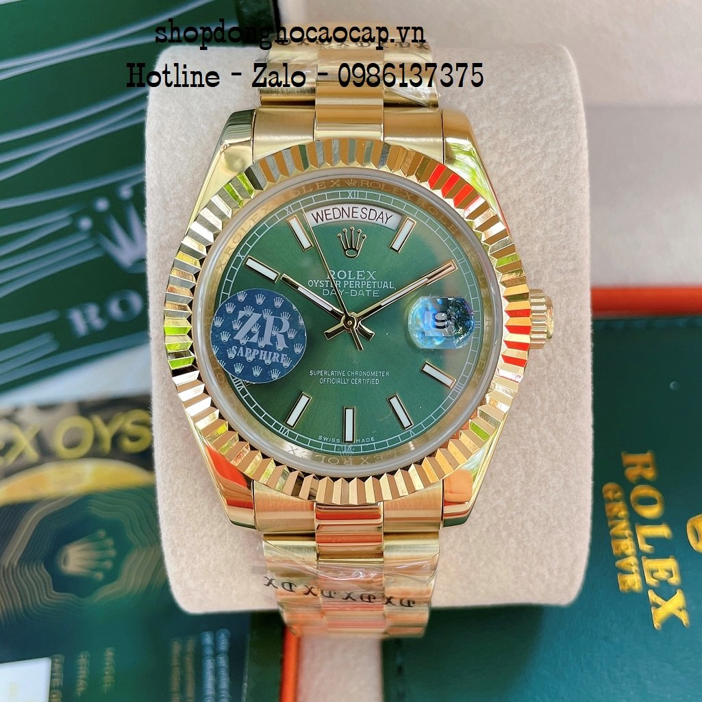 Đồng Hồ Nam Rolex Automatic 2 Lịch Viền Khía Vàng Green 41mm