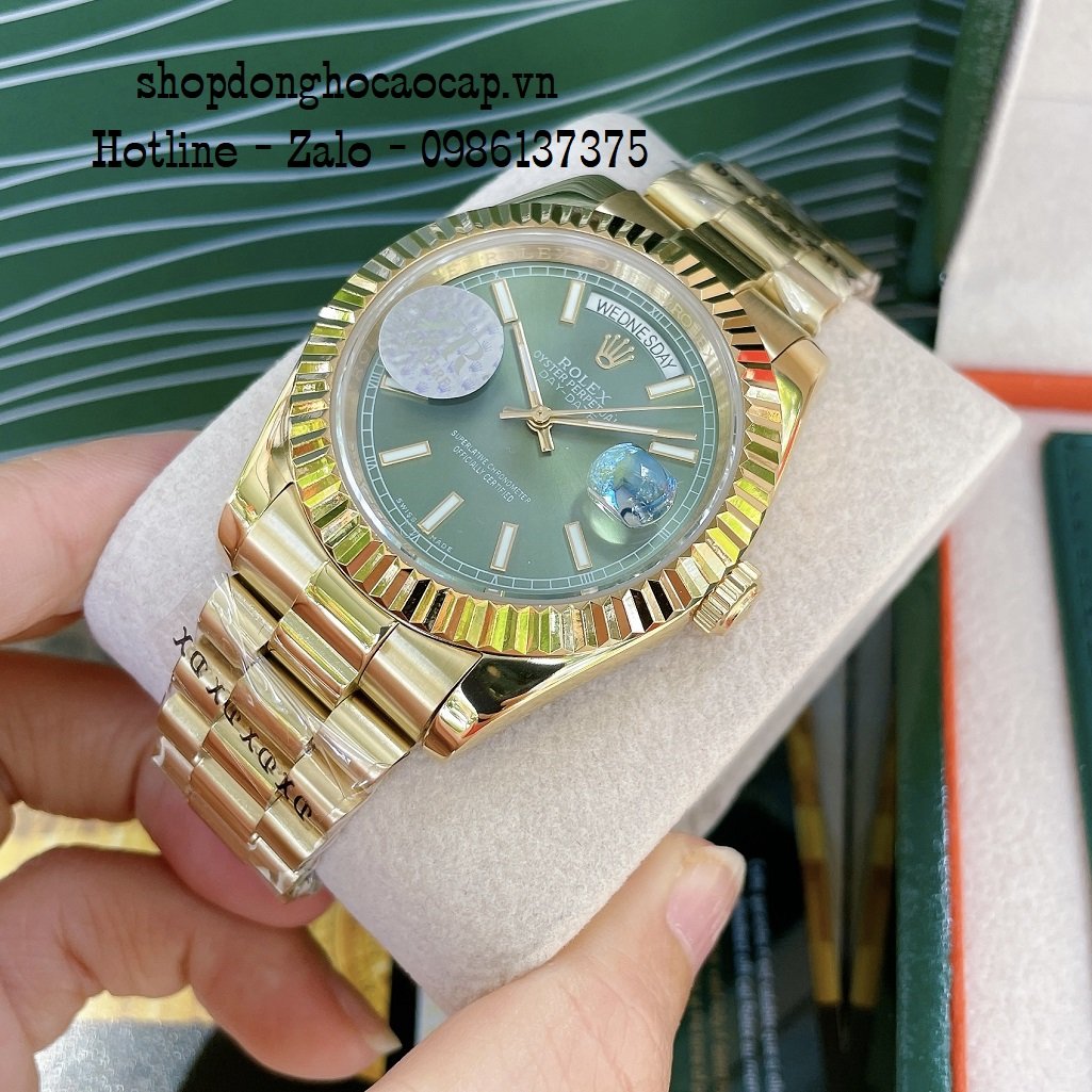 Đồng Hồ Nam Rolex Automatic 2 Lịch Viền Khía Vàng Green 41mm