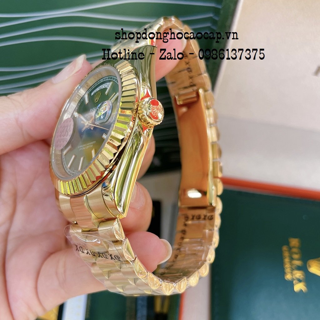 Đồng Hồ Nam Rolex Automatic 2 Lịch Viền Khía Vàng Green 41mm