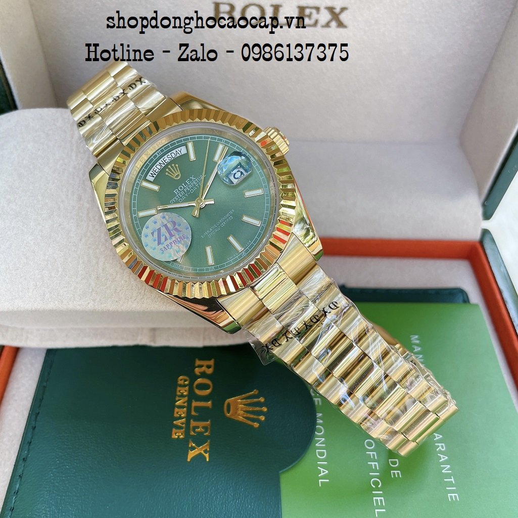 Đồng Hồ Nam Rolex Automatic 2 Lịch Viền Khía Vàng Green 41mm