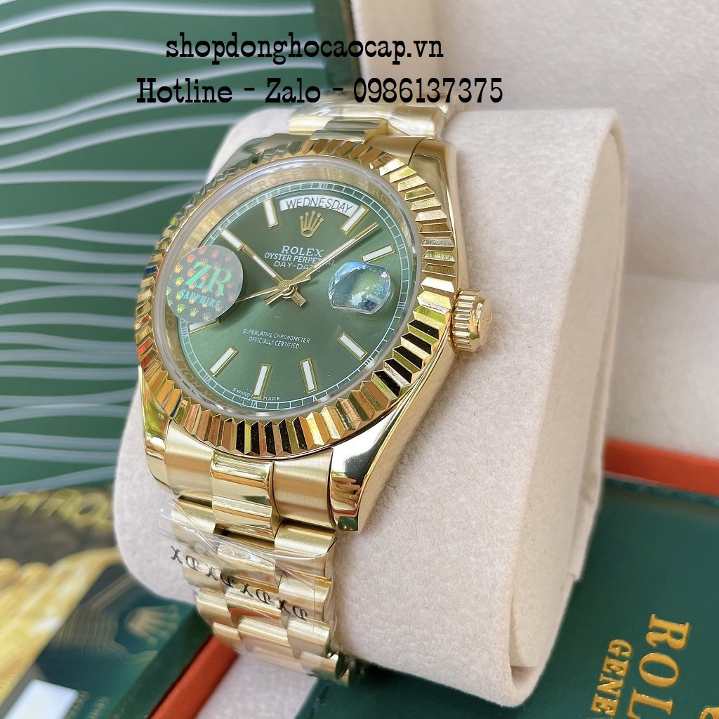 Đồng Hồ Nam Rolex Automatic 2 Lịch Viền Khía Vàng Green 41mm