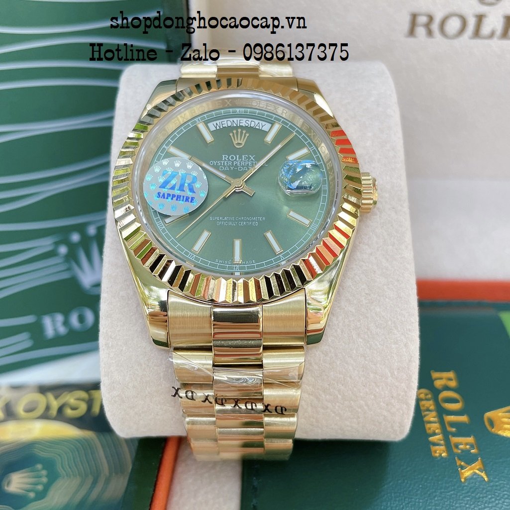 Đồng Hồ Nam Rolex Automatic 2 Lịch Viền Khía Vàng Green 41mm