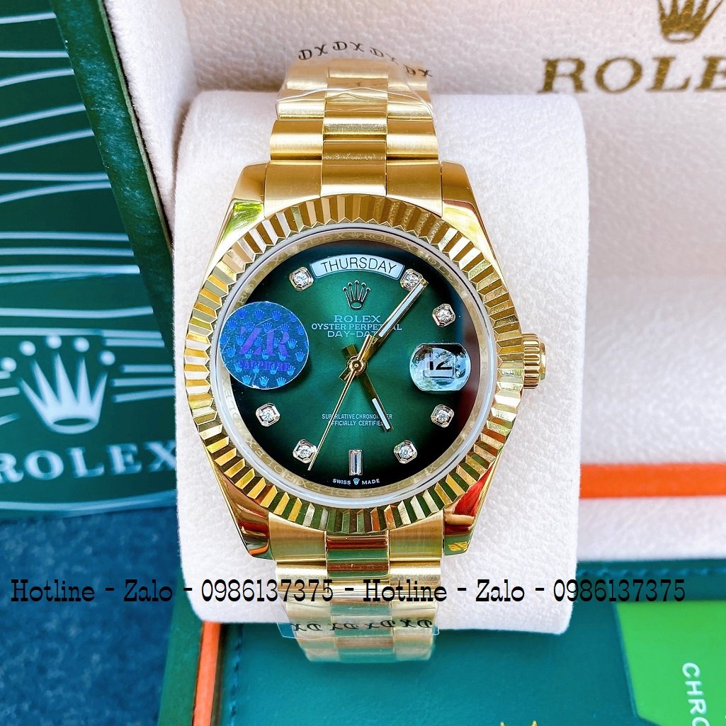 Đồng Hồ Nam Rolex Automatic 2 Lịch Viền Khía Vàng Xanh Lá 41mm