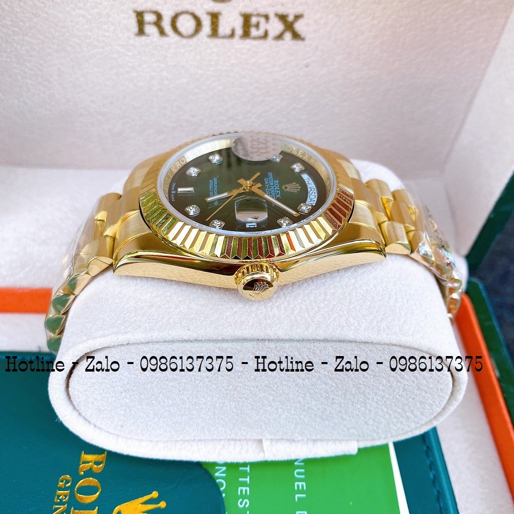 Đồng Hồ Nam Rolex Automatic 2 Lịch Viền Khía Vàng Xanh Lá 41mm