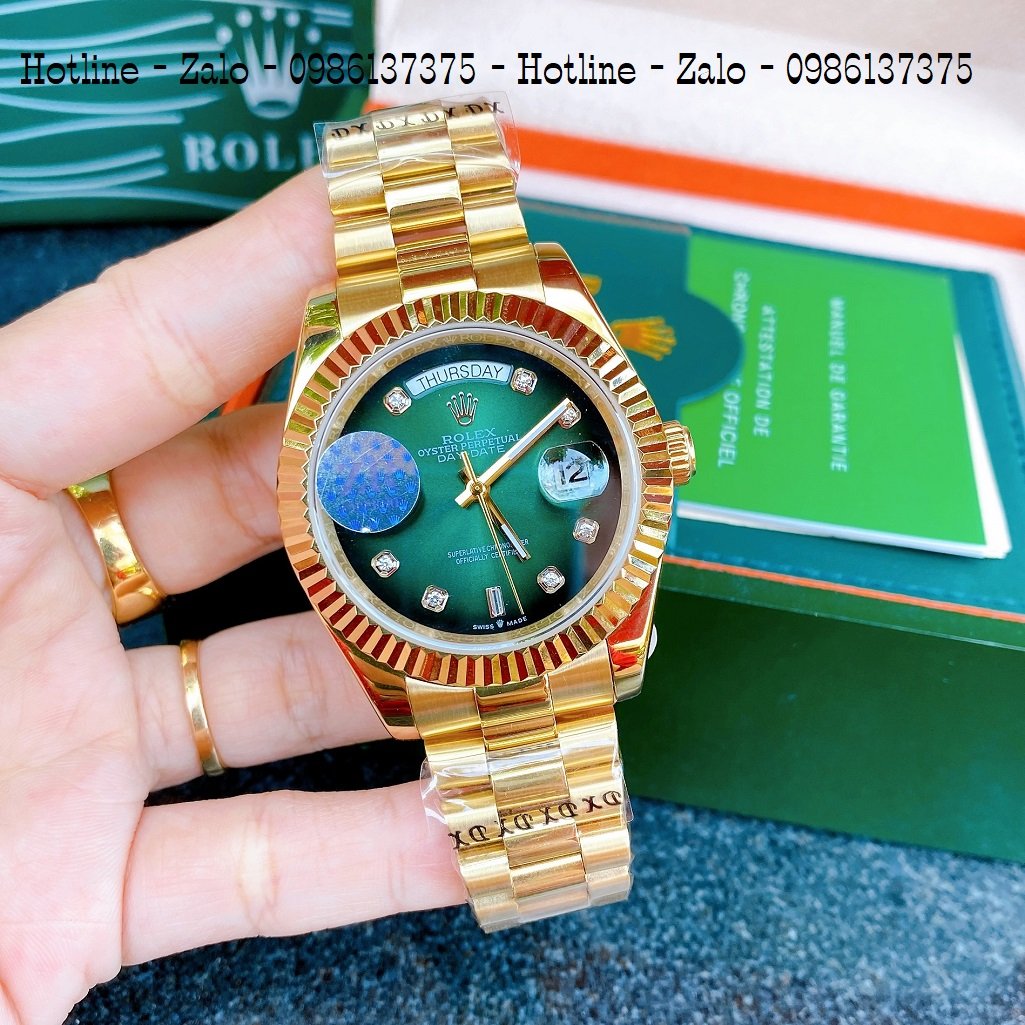 Đồng Hồ Nam Rolex Automatic 2 Lịch Viền Khía Vàng Xanh Lá 41mm