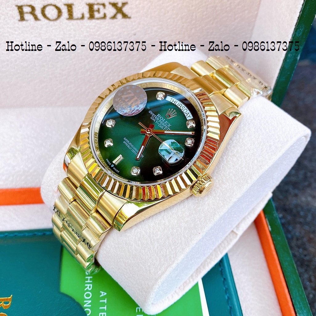 Đồng Hồ Nam Rolex Automatic 2 Lịch Viền Khía Vàng Xanh Lá 41mm