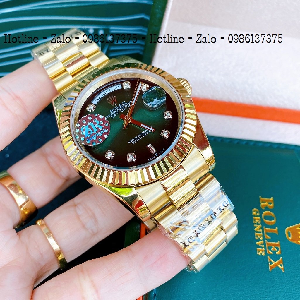 Đồng Hồ Nam Rolex Automatic 2 Lịch Viền Khía Vàng Xanh Lá 41mm