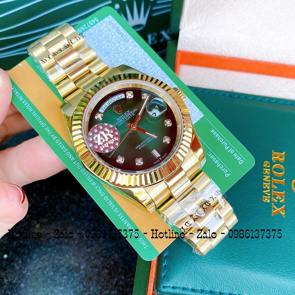 Đồng Hồ Nam Rolex Automatic 2 Lịch Viền Khía Vàng Xanh Lá 41mm