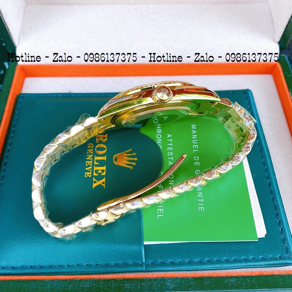 Đồng Hồ Nam Rolex Automatic 2 Lịch Viền Khía Vàng Xanh Lá 41mm