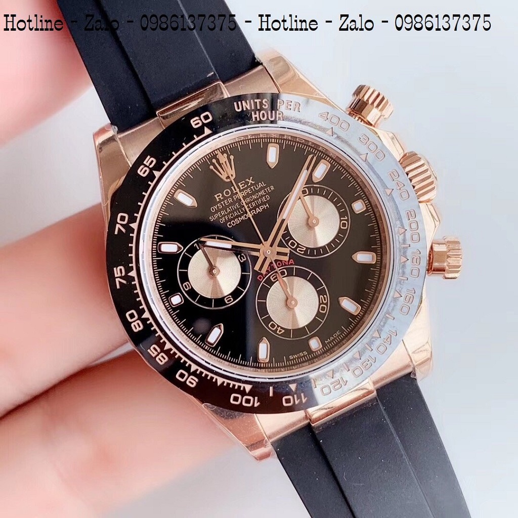 Đồng Hồ Nam Rolex Automatic Dây Silicon Đen Mặt Đen Rose Gold 42mm