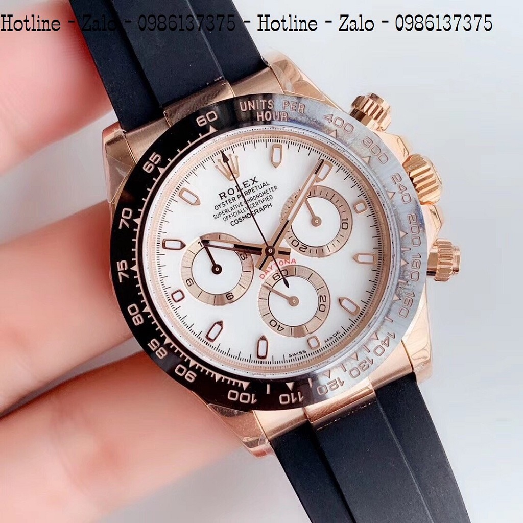 Đồng Hồ Nam Rolex Automatic Dây Silicon Đen Mặt Trắng Rose Gold 42mm