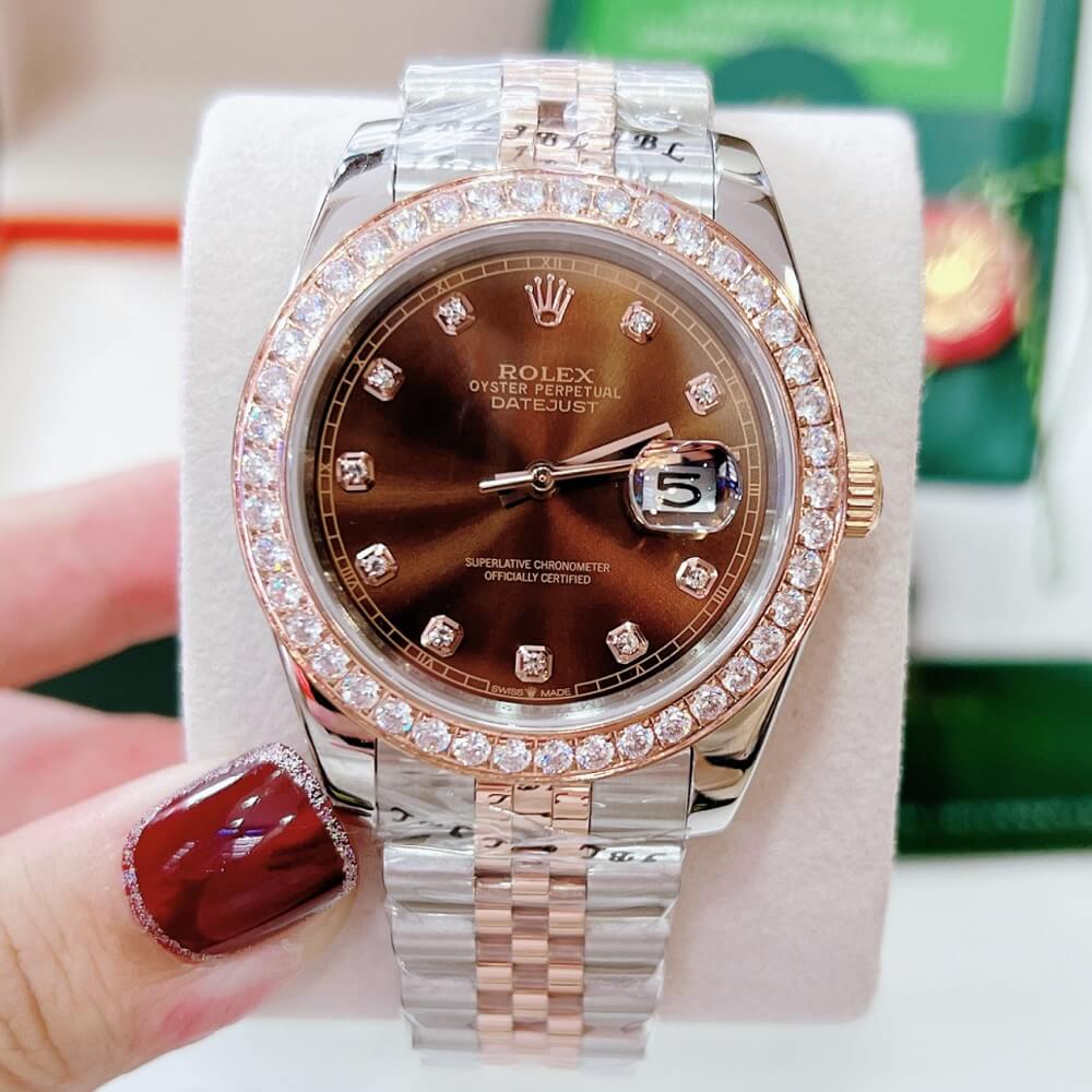 Đồng Hồ Nam Rolex Automatic Viền Đá Demi Nâu Rose Gold 41mm