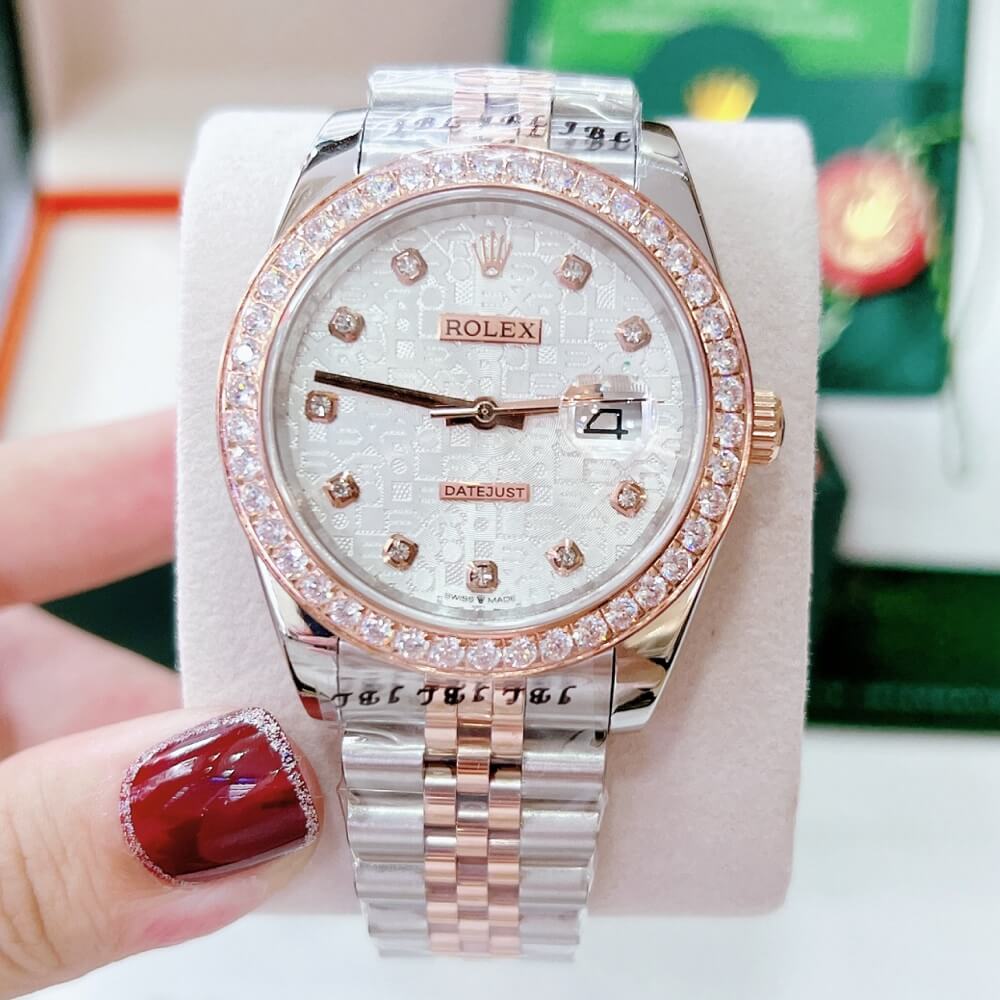 Đồng Hồ Nam Rolex Automatic Viền Đá Demi Vi Tính Rose Gold 41mm