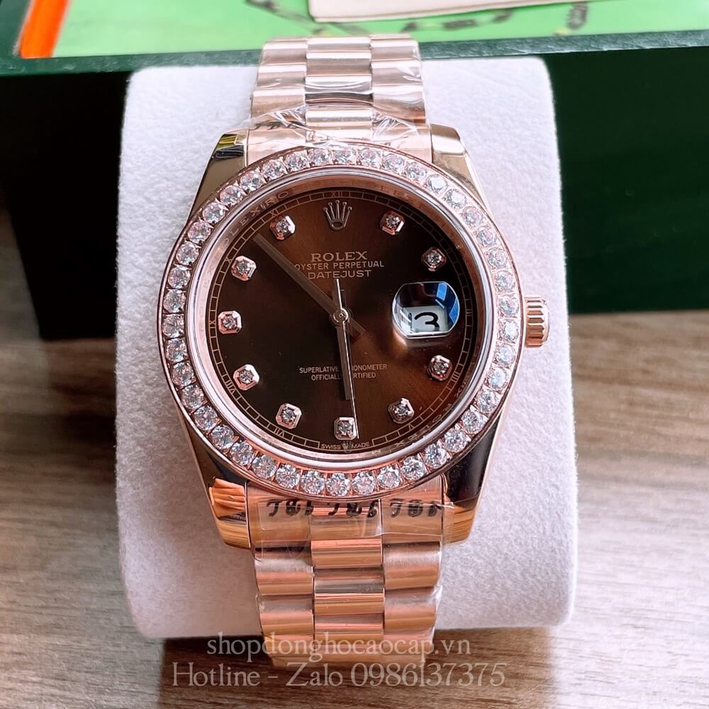 Đồng Hồ Nam Rolex Automatic Viền Đá Mặt Nâu Rose Gold 41mm