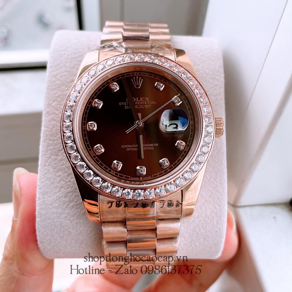 Đồng Hồ Nam Rolex Automatic (Tự Động) Viền Đá Mặt Nâu Rose Gold 41mm