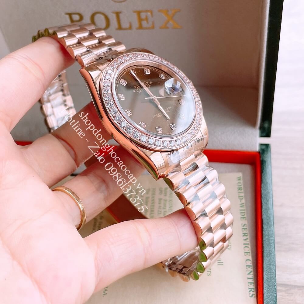 Đồng Hồ Nam Rolex Automatic (Tự Động) Viền Đá Mặt Nâu Rose Gold 41mm