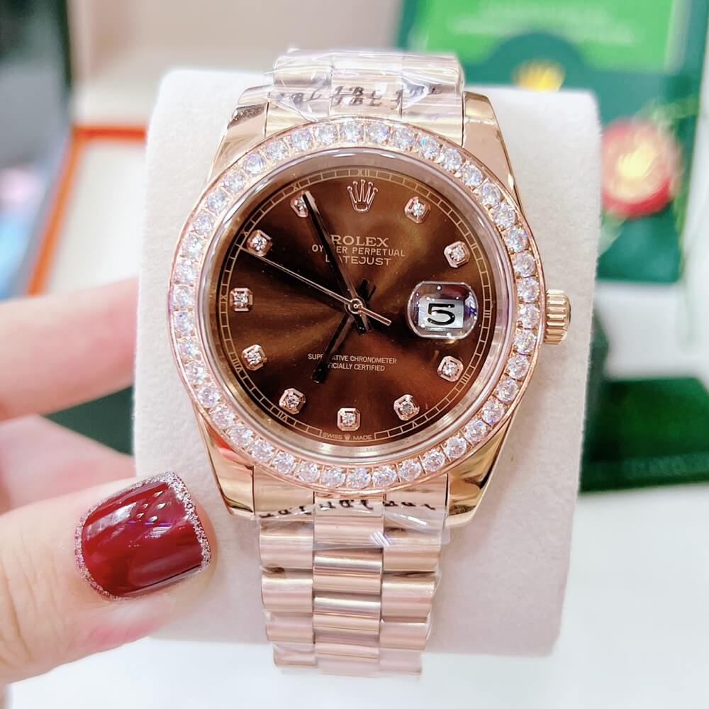 Đồng Hồ Nam Rolex Automatic Viền Đá Mặt Nâu Rose Gold 41mm