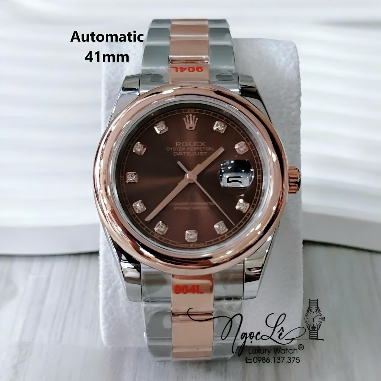 Đồng Hồ Nam Rolex Datejust Automatic Dây Kim Loại Demi Rose Mặt Nâu Size 41mm Dây Oyster
