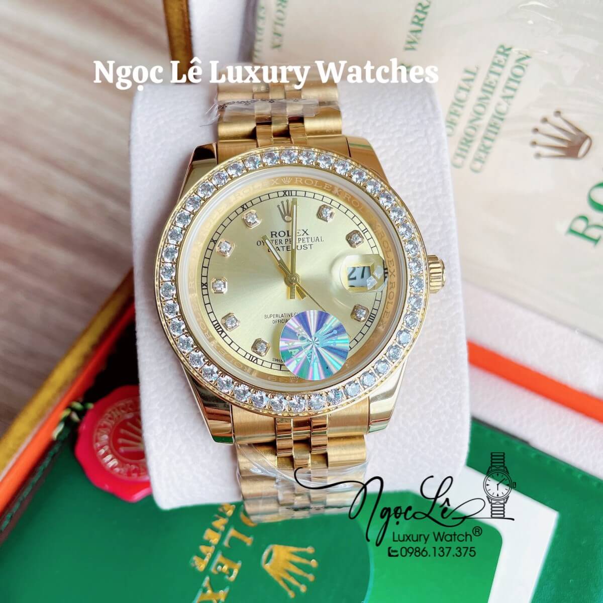 Đồng Hồ Nam Rolex Datejust Pin Màu Vàng Mặt Vàng Đính Đá Size 41mm