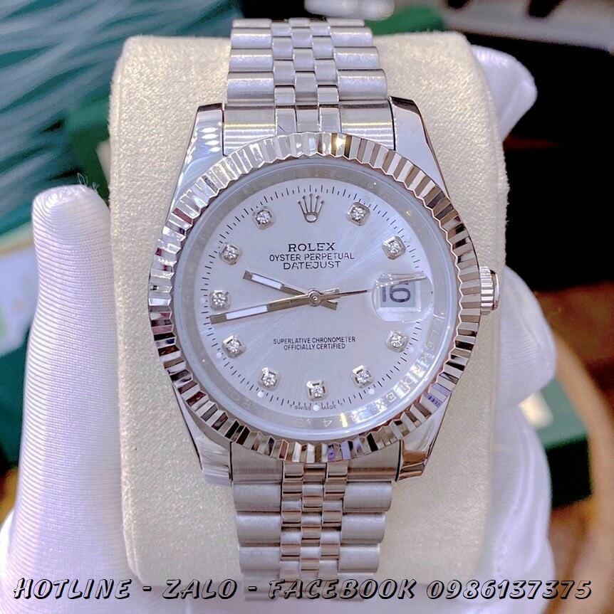 Đồng Hồ Nam Rolex Oyster Datejust Quartz Bạc Mặt Trắng 41mm