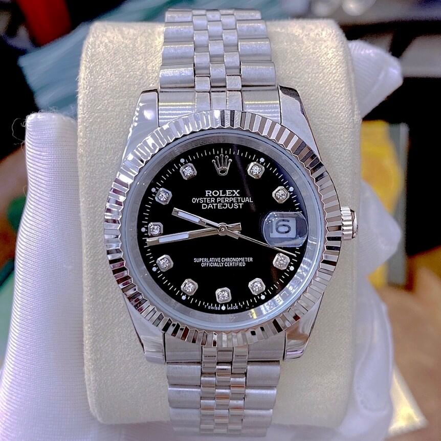 Đồng Hồ Nam Rolex Oyster Datejust Quartz Bạc Mặt Đen 41mm