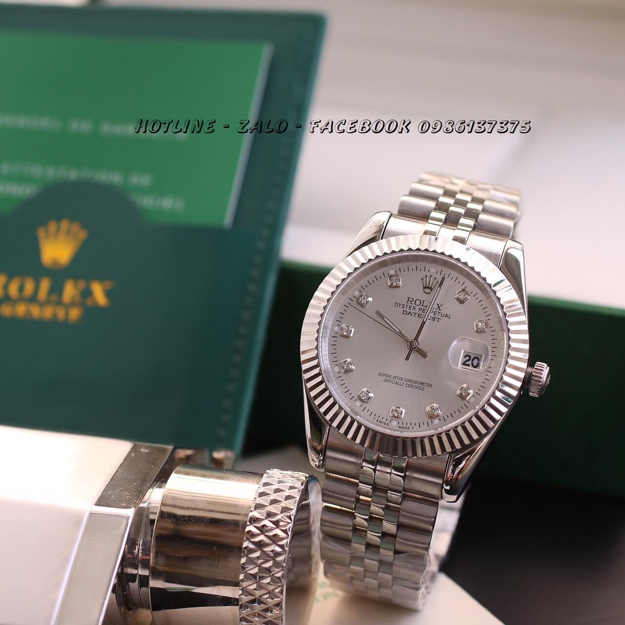 Đồng Hồ Rolex Quartz Siêu Cấp Bạc Mặt Trắng Chải Tia