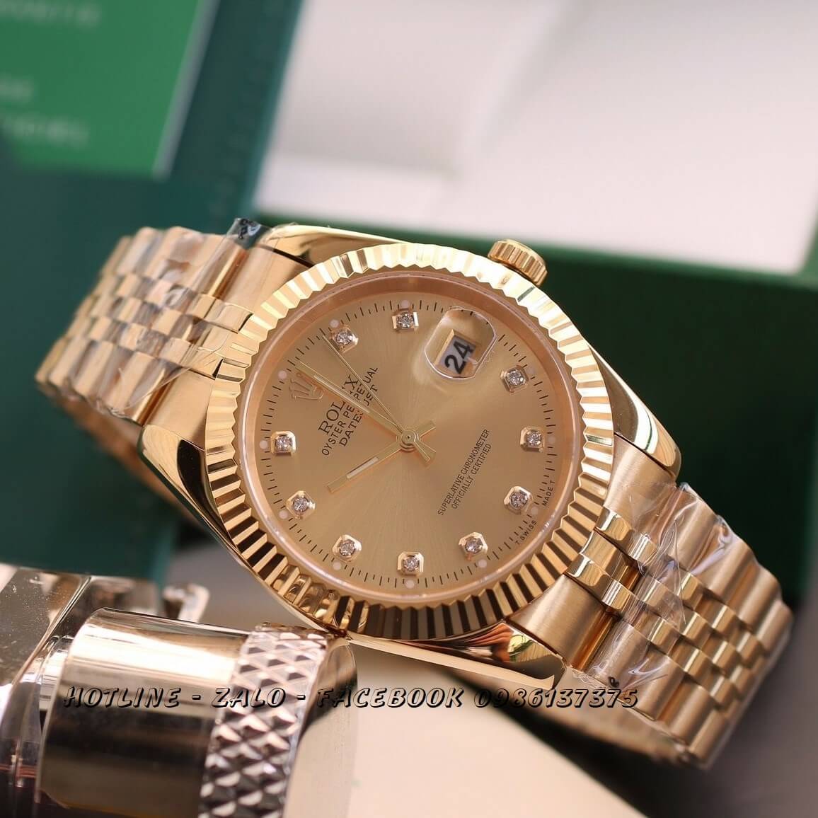 Đồng Hồ Rolex Quartz Siêu Cấp Vàng Mặt Vàng Chải Tia 41mm- 36mm - 32mm