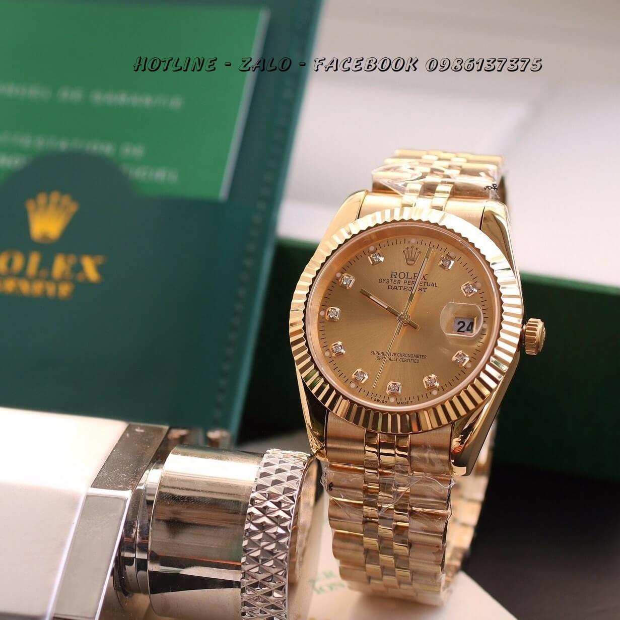 Đồng Hồ Rolex Quartz Siêu Cấp Vàng Mặt Vàng Chải Tia