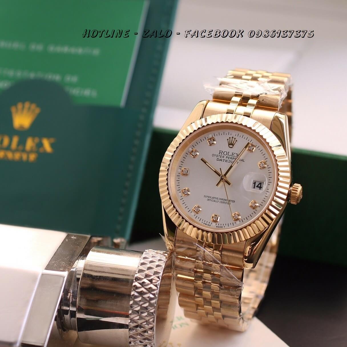 Đồng Hồ Rolex Quartz Siêu Cấp Vàng Mặt Trắng Chải Tia