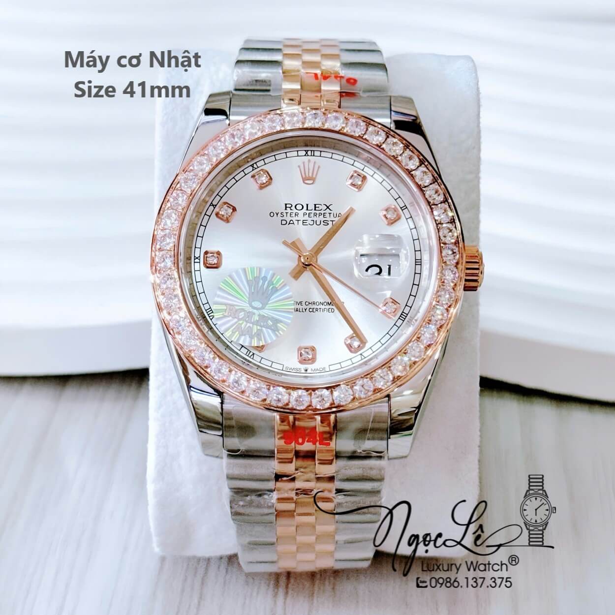 Đồng Hồ Nam Rolex Datejust Tự Động Dây Demi Rose Mặt Trắng Đính Đá Size 41mm
