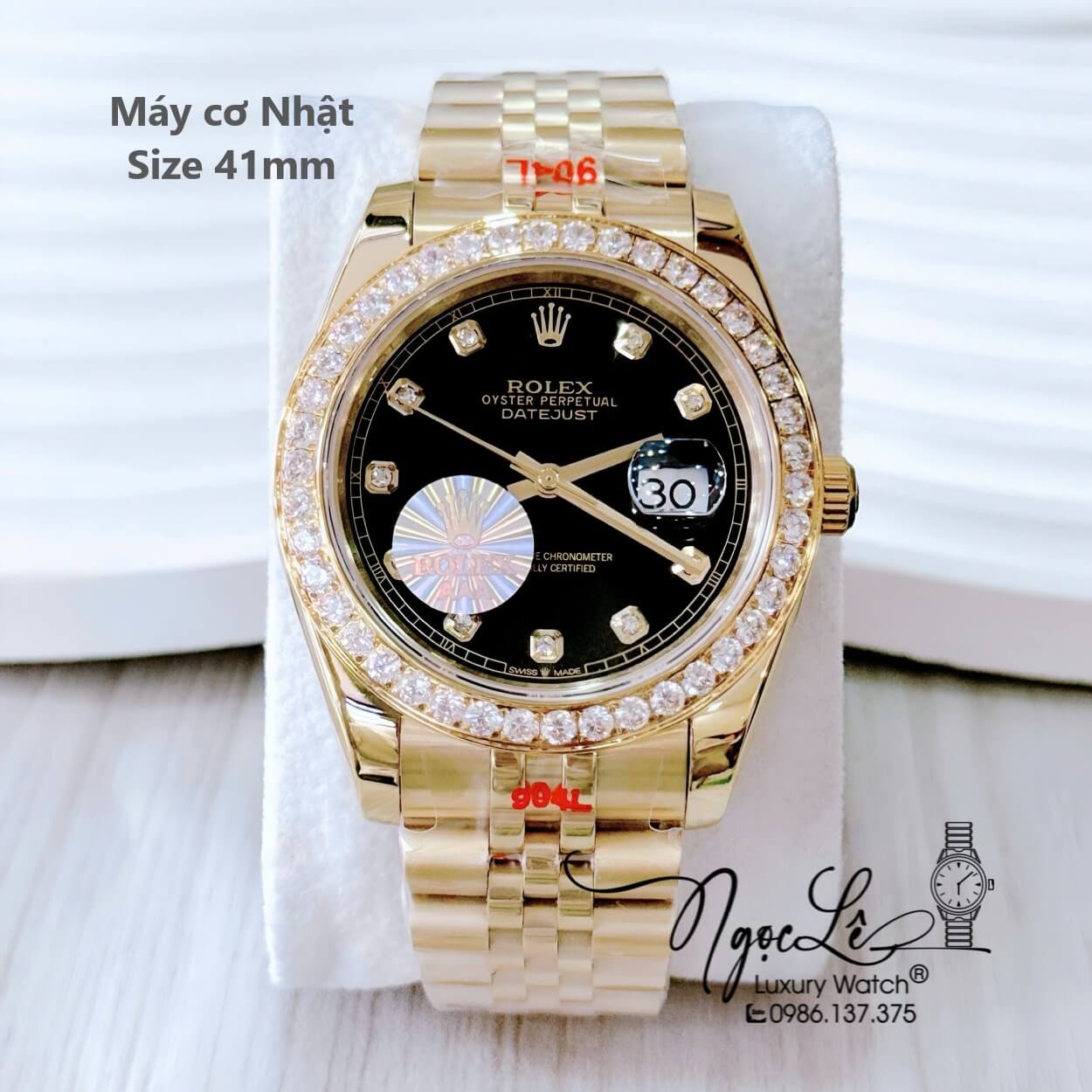 Đồng Hồ Nam Rolex Datejust Tự Động Dây Vàng Mặt Đen Đính Đá Size 41mm