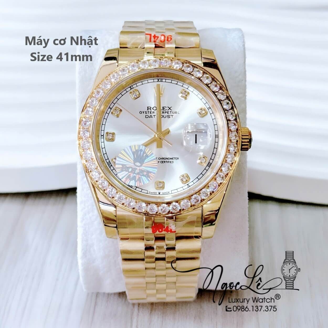 Đồng Hồ Nam Rolex Datejust Tự Động Dây Vàng Mặt Trắng Đính Đá Size 41mm