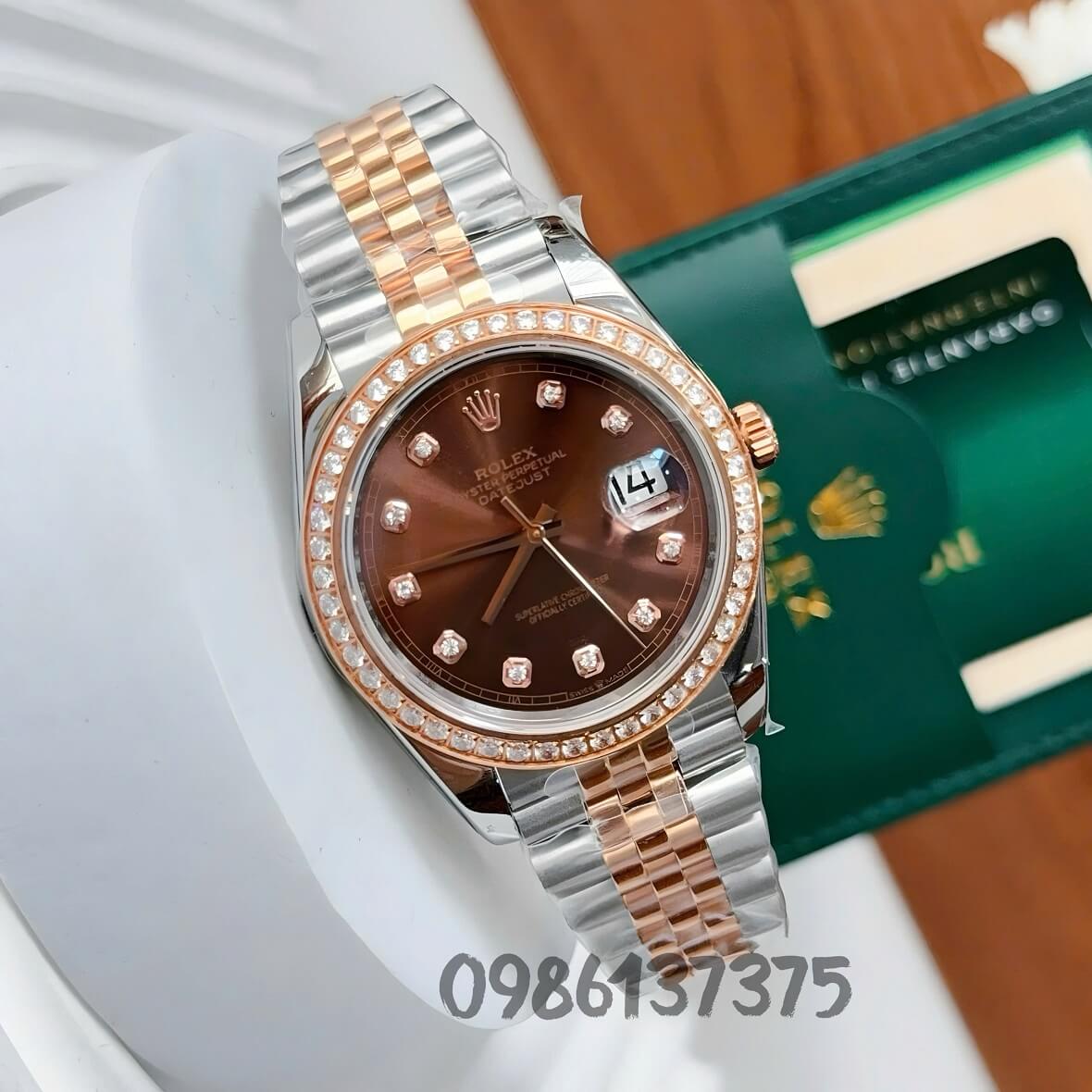 Đồng Hồ Nam Rolex Datejust Đính Đá Tự Động Mặt Nâu Chocolate Kim Loại Demi Vàng Hồng 41mm