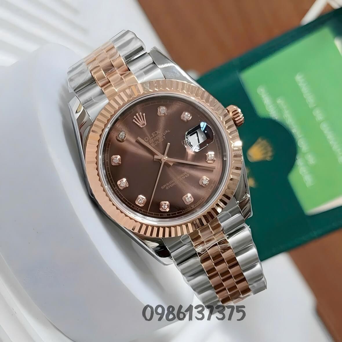 Đồng Hồ Nam Rolex Datejust Tự Động Mặt Nâu Chocolate Kim Loại Demi Vàng Hồng 41mm