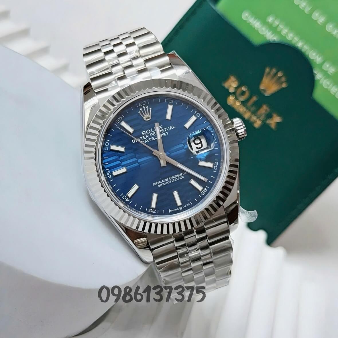 Đồng Hồ Nam Rolex Datejust Viền Khía Máy Tự Động Thụy Sĩ Mặt Xanh Dương Size 41mm