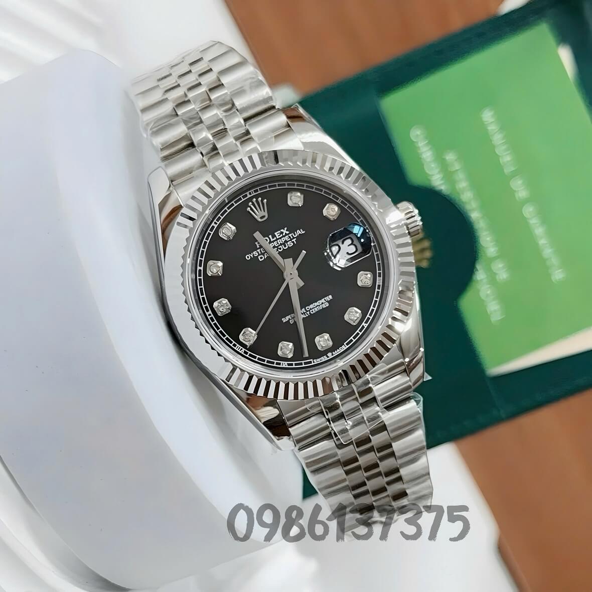 Đồng Hồ Nam Rolex Datejust Viền Khía Tự Động Mặt Đen Kim Loại Inox Size 41mm