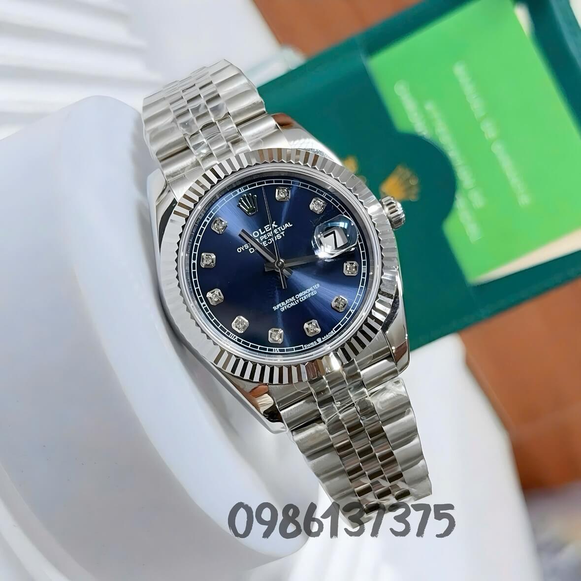 Đồng Hồ Nam Rolex Datejust Viền Khía Tự Động Mặt Xanh Dương Kim Loại Inox 41mm