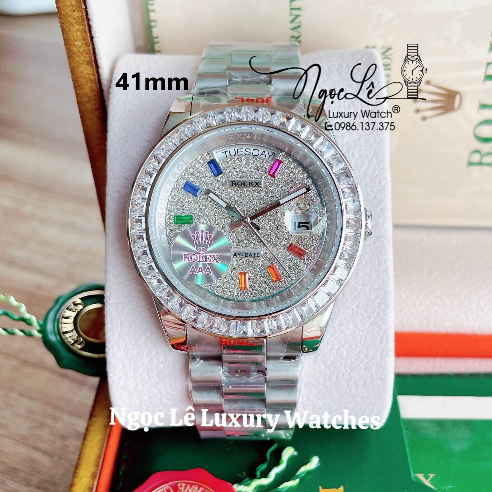 Đồng Hồ Nam Rolex Day-Date Tự Động Dây Kim Loại Bạc Mặt Đính Full Đá Size 41mm
