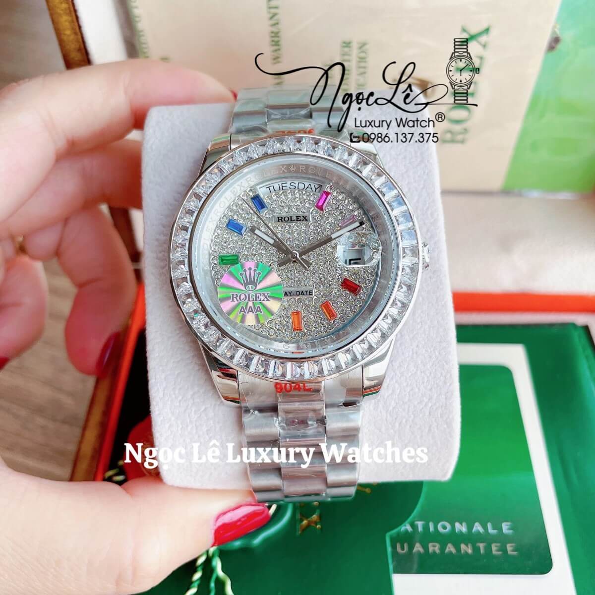 Đồng Hồ Nam Rolex Day-Date Tự Động Dây Kim Loại Bạc Mặt Đính Full Đá Size 41mm