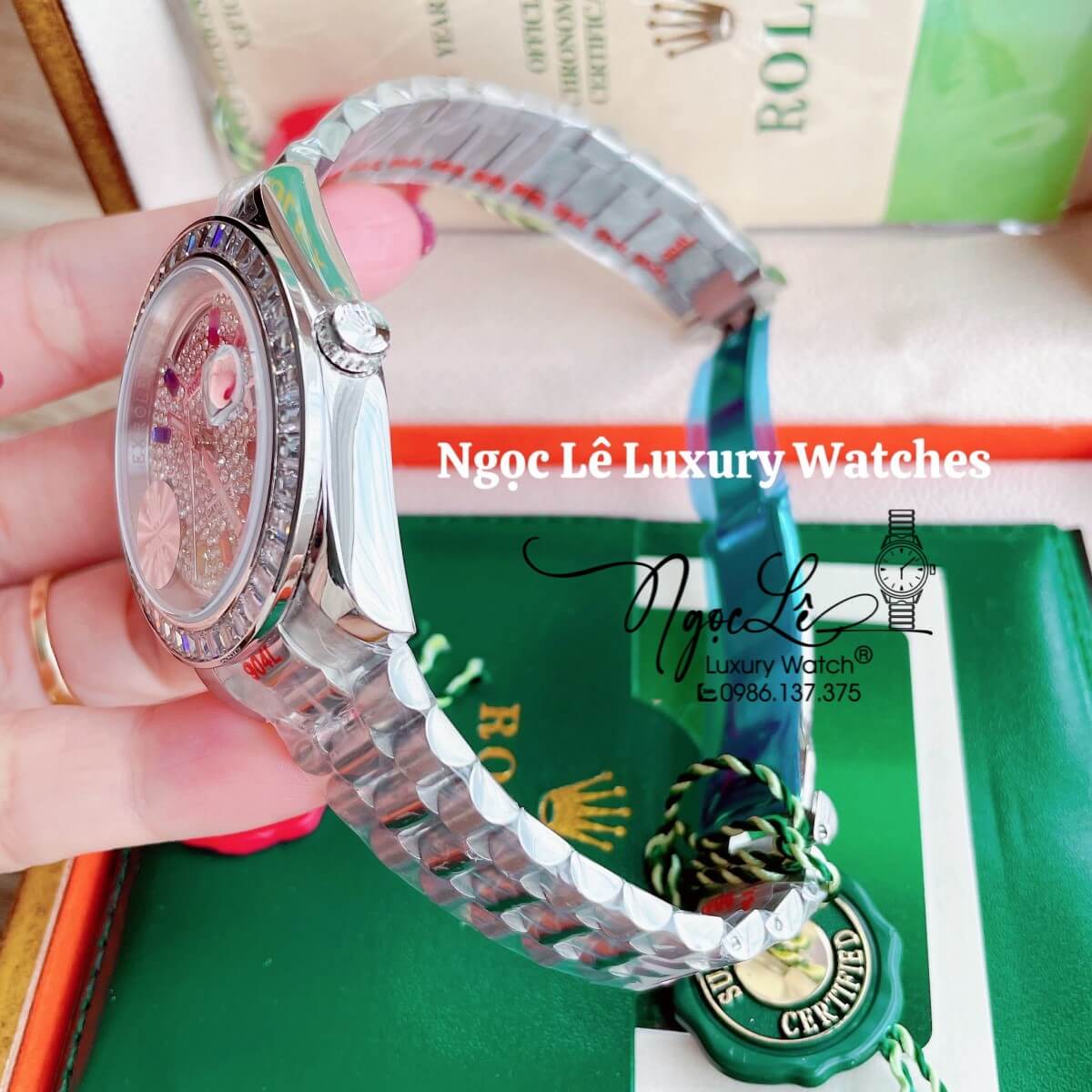 Đồng Hồ Nam Rolex Day-Date Tự Động Dây Kim Loại Bạc Mặt Đính Full Đá Size 41mm