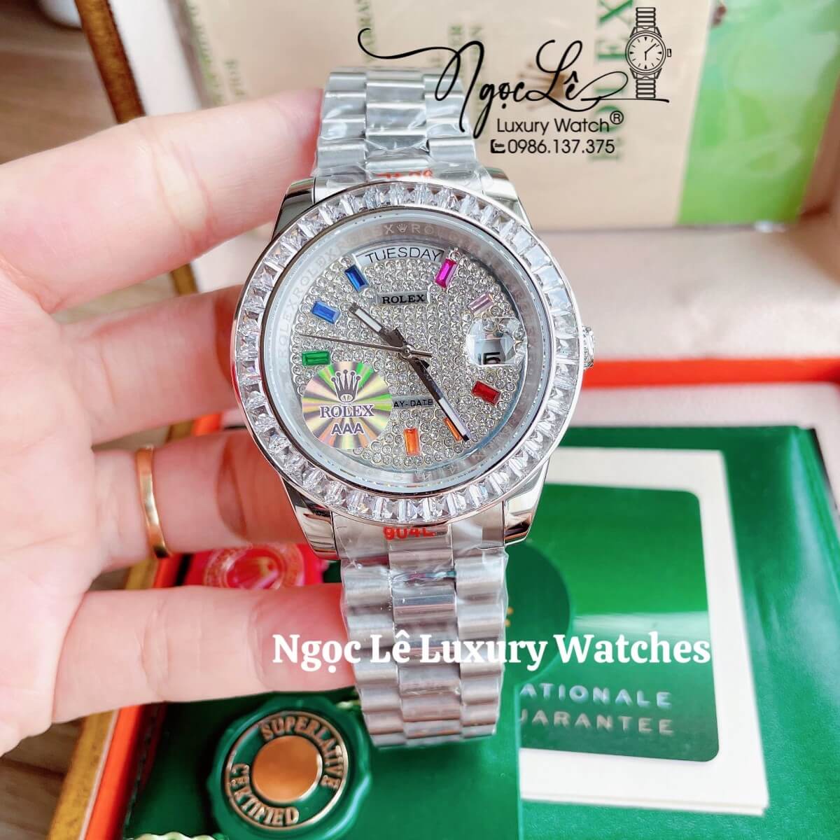 Đồng Hồ Nam Rolex Day-Date Tự Động Dây Kim Loại Bạc Mặt Đính Full Đá Size 41mm