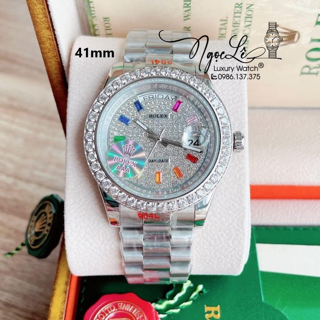 Đồng Hồ Nam Rolex Day-Date Tự Động Dây Kim Loại Bạc Mặt Đính Full Đá Size 41mm